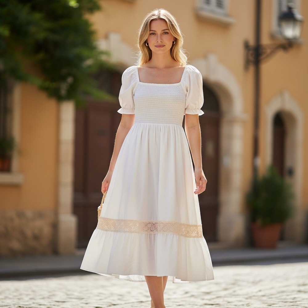 Cider White Lace Trim Puff Sleeve Button Down Midi Dress Small Cottagecore